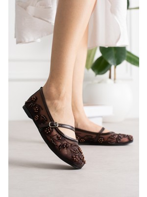 Shoetek Sawe Kadın Babet Yaprak Desenli Incili Fileli Kahverengi