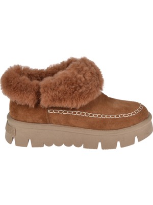 Pullman Hakiki Deri Bileği Kürklü Kadın Ayakkabı PLM-34806   Taba Süet