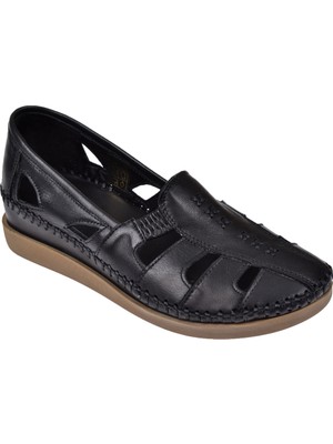 Floor Hakiki Deri Delikli Yazlık Kadın Ayakkabı Mak-25   Siyah