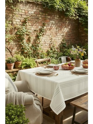 Çt Çeyizci Tekstil Colber Çizgili Masa Örtüsü 160*220 cm Krem| Leke Tutmaz Kumaş Çizgili Masa Örtüsü