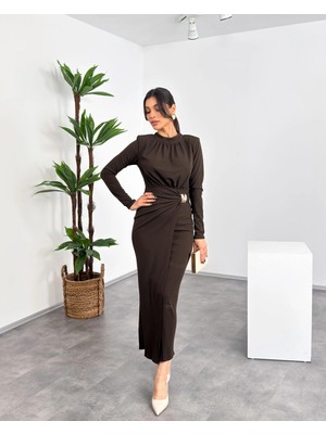 Mialora Kruvaze Yaka Omuz Boncuk Detaylı Püsküllü Maxi Kadın Elbise