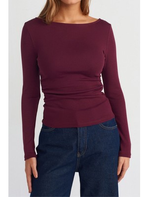 Tarz Cool Kadın Geniş Yaka Uzun Kollu Esnek Pamuk Dokulu Fit Basic Bluz