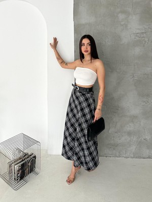 Elaxi Kadın Uzun Kloş Kemerli Ekose Etek – Zamansız Şıklığın Modern Yorumu
