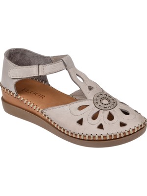Floor Hakiki Deri Burnu Kapalı Kadın Sandalet MAK-702   Bej