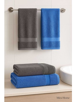 Mira Home 4 Parça Banyo Havlu Takımı %100 Pamuklu Dry Antrasit Mavi