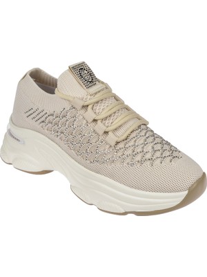 Voyager Taş Detaylı Triko Kadın Spor Ayakkabı Sneaker VOY-064   Bej