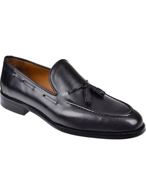 Karayel Hakiki Deri Püsküllü Klasik Erkek Ayakkabı KRY-1655   Siyah Antik