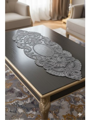 Çt Çeyizci Tekstil Fransız Dantelli Tek Runner, Sehpa Örtüsü, Masa Üstü Runner, Çeyizlik Runner Gri Renk