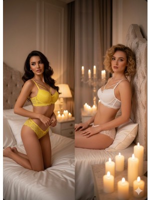 Trend Dokunuş Kadın 2'li Askılı Dantelli ve Dolgulu Ekru-Sarı Iç Çamaşır Sütyen Külot Takımı