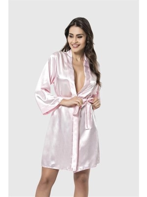 Letsii Kısa Saten Kadın Sabahlık Pembe Renk