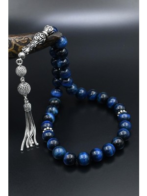 Prestige Gümüş Doğal Kaplan Gözü Taşlı Tesbih 925 Ayar Gümüş Püsküllü 10MM Küre Kesim 902557