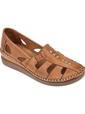 Floor Hakiki Deri Delikli Yazlık Kadın Ayakkabı Mak-25   Taba