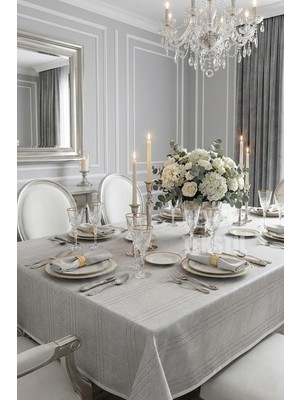 Çt Çeyizci Tekstil Colber Çizgili Masa Örtüsü 160*220 cm Gri | Leke Tutmaz Kumaş Çizgili Masa Örtüsü