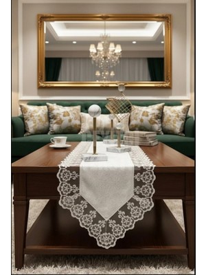 Çt Çeyizci Tekstil Kadife Dantel Detaylı Runner 140X40CM Krem