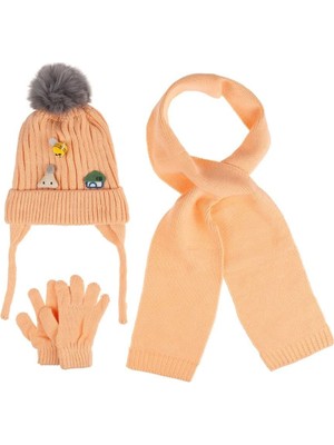 Kitti Bebe Kız Şeftali Atkı Bere Eldiven Takım 1-4 Yaş Eğlenceli Desenli Aksesuar