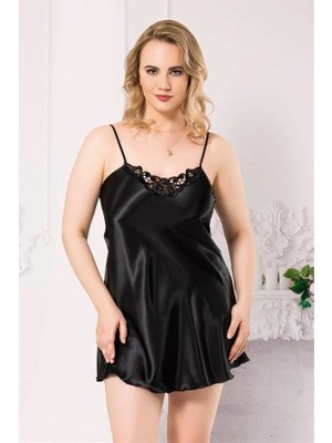 Letsii Büyük Kısa Saten Gecelik Siyah Renk