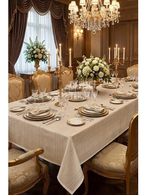 Çt Çeyizci Tekstil Colber Çizgili Masa Örtüsü 160*220 cm Kahve | Leke Tutmaz Kumaş Çizgili Masa Örtüsü