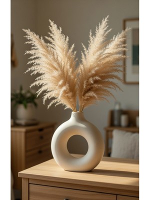 Safir Design Büyük Iskandinav Tarzı Halka VAZO-20CM-MODERN Donut Tasarım Beyaz Vazo - Doğal Pampas Otu Hediyeli