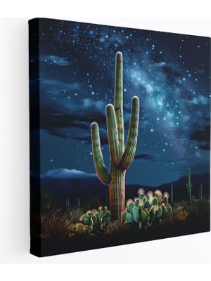 Popcas  Çöl Harika Duygusu Saguaro Kaktüs Kanvas Tablo Gece Gökyüzü
