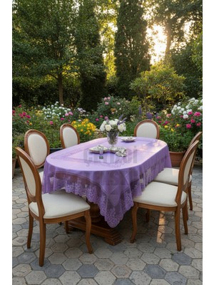 Çt Çeyizci Tekstil Çini Desenli Dertsiz Leke Tutmaz Dantelli Masa Örtüsü Mor 160X220 cm