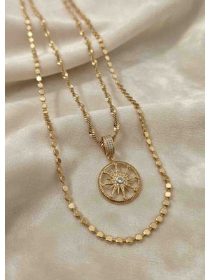 Xuping Jewelry Melekcehobi 14K Altın Renk Madalyon Yıldız Kolye – Zirkon Taşlı Çoklu Zincir Kombin Tasarım