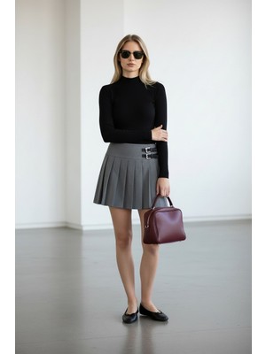 Vireo Club Gri Plise Detaylı Kemerli Mini Etek