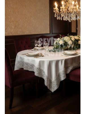 Çt Çeyizci Tekstil Tek Masa Örtüsü Pitikare 160X220CM | Dantelli Yemek Masası Örtüsü 160X220CM Tek Masa