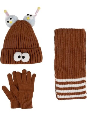 Kitti Çocuk Kız Atkı Bere Eldiven Takım (4-8 Yaş) K24170-09 Kahverengi