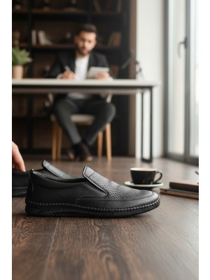 Enoch Hakiki Deri El Dikişli ve Lazer Kesim Delikli Erkek Casual Loafer Ayakkabı