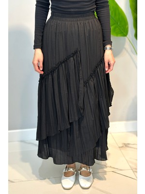 Lale Butik Pamuklu Fırfırlı Kloş Etek 27031 Siyah