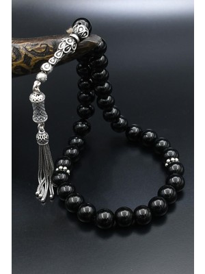 Prestige Gümüş Doğal Oniks Taşlı Tesbih 925 Ayar Gümüş Püsküllü 10MM Küre Kesim 902558