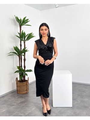 Mialora Kruvaze Yaka Omuz Boncuk Detaylı Püsküllü Maxi Kadın Elbise