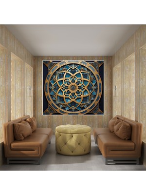 Popcas  Islam Geometrik Sanat - Kutsal Kur'an Kanvas Tablo - Duvar Sanatı Altın ve Mavi Islam Geometrik Sanat