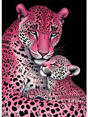Bedeko Pembe Leopar ve Yavrusu Mdf Ahşap Tablo