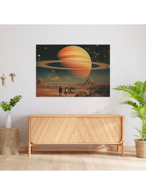 Popcas  Vintage Satürn Kanvas Tablo Uzay Temalı Ev Dekorasyonu Çalışma Odası Aksesuarı