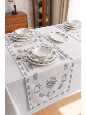 Rubi Porselen Vintage Green Desenli Modern Masa Örtüsü Runner - Keten Masa Runner 40X140 cm