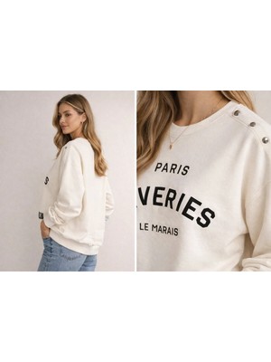 İnce Moda Giyim Paris Baskılı Omuz Düğme Detaylı Kadın Sweatshirt