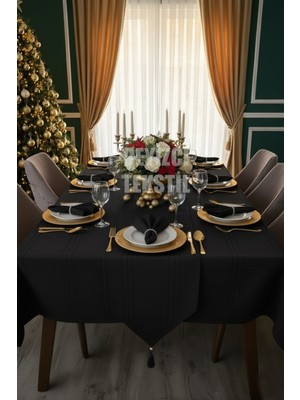 Çt Çeyizci Tekstil Çizgili 12 Kişilik 26 Parça Masa Örtüsü, Siyah Noel Masa Örtüsü, Chrismis Tablecloth