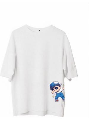 Marsilyan Bisiklet Yaka Baskılı Oversize T-Shirt - Beyaz