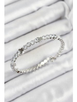 İsmiyle Al Pirinç Zirkon Taşlı Kalp Model Gümüş Renk Yaylı Kadın Bileklik