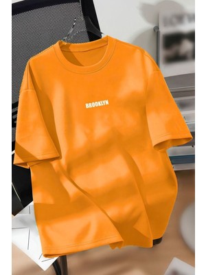Trendseninle Unisex Unisex/kadın Turuncu Brooklyn Renkli Özel Baskı Oversize Pamuklu Bisiklet Yaka T-Shirt Tişört
