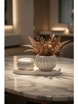 Safir Design Modern Mat Beyaz 3'lü Tepsili Dekoratif Set - Kapaklı Takı Kutusu ve Geometrik Kase