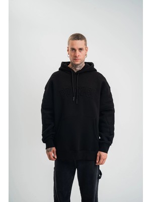 Marsilyan Double Oversize Kapşonlu Nakışlı Sweatshirt - Siyah