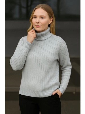 Marsilyan Balıkcı Yaka Bağazlı Triko Kazak Pamuklu Kalın Fitilli Dokuma - Gri