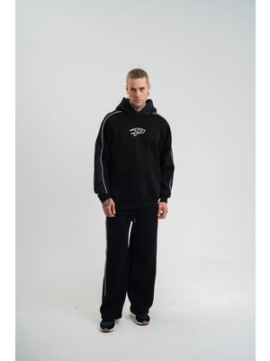 Marsilyan Uzun Kol Kapşonlu Ara Biyeli Baggy Eşofman Takım - Siyah