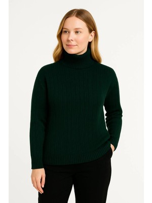 Marsilyan Balıkcı Yaka Bağazlı Triko Kazak Pamuklu Kalın Fitilli Dokuma - Haki