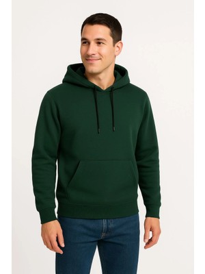 Marsilyan Üç Iplik Kapüşonlu Kanguru Cepli Sweatshirt Hoodie - Haki