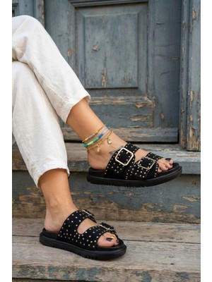 Diggo Yazlık Süet Taş Detaylı Demir Tokalı Kadın Terlik