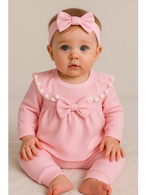 Mini Kanka Kız Bebek Fiyonklu 3’lü Takım Pamuklu Ribana Tunik Pantolon Saç Bandı Set 0-24 Ay