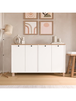 Robin Home Alaska Konsol 4 Kapaklı Ahşap Ayaklı 120CM Sepet-Beyaz